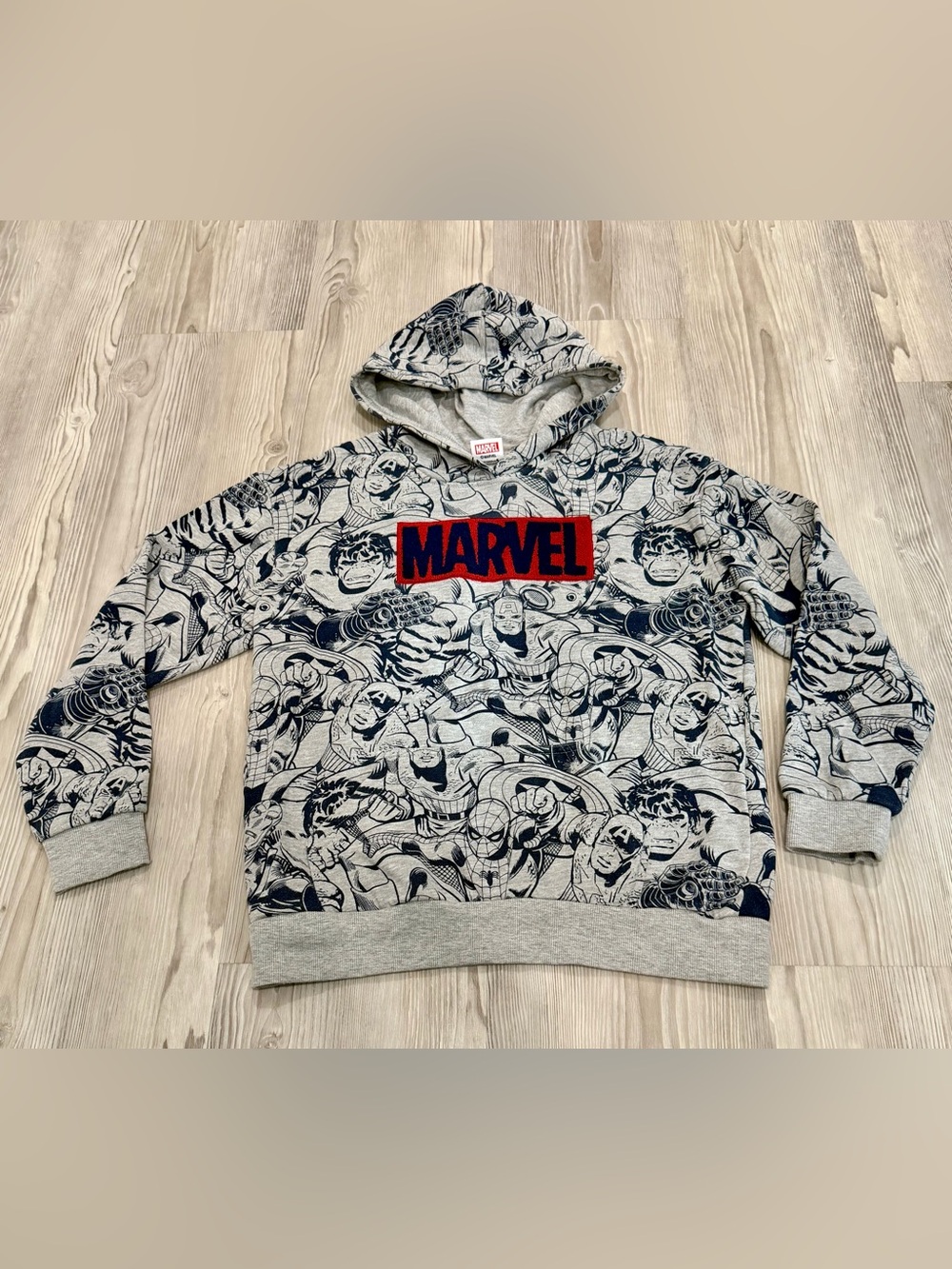 MARVEL Kids Grey Graphic Hoodie Sweatshirt - Characters Print. Size Large. GUC